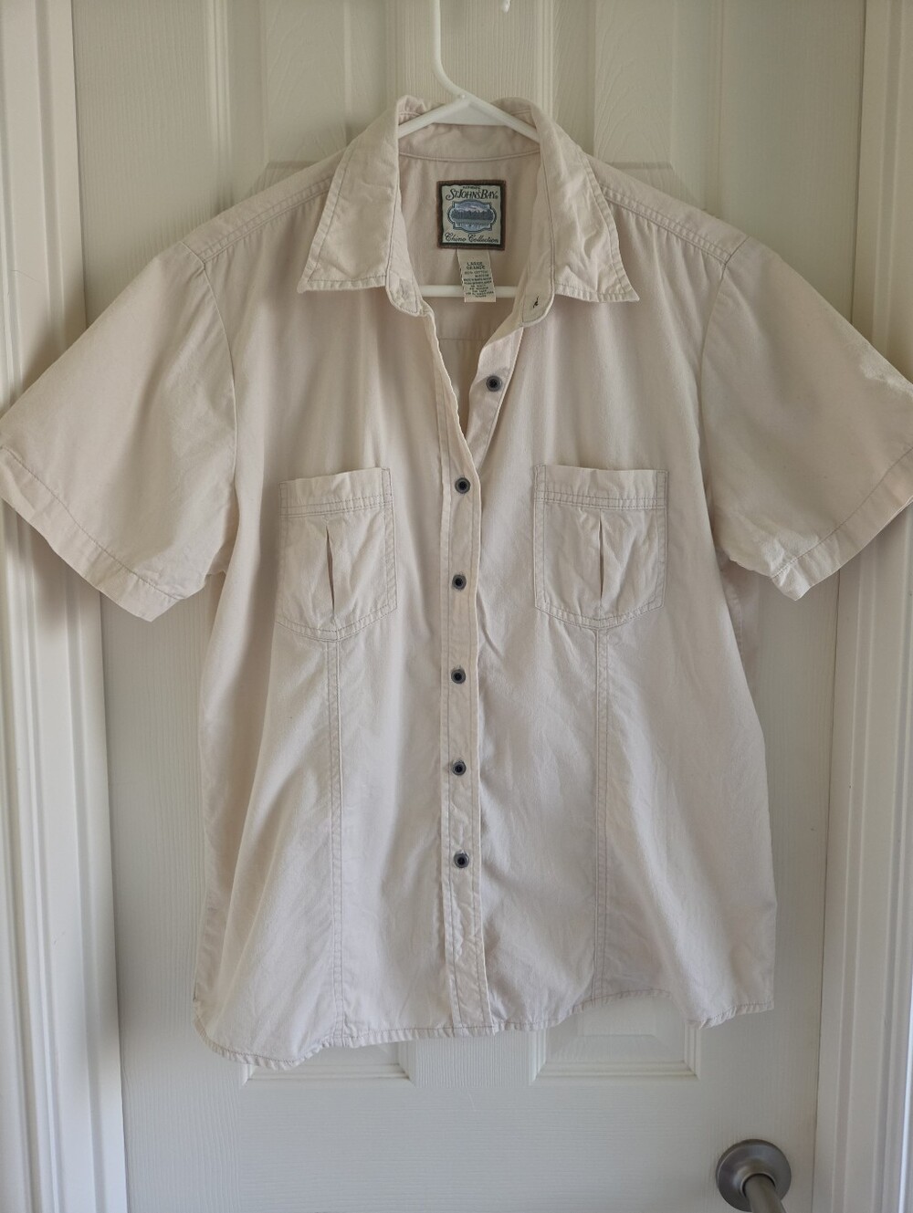 St. John's Bay Women's Size L Khaki Utility Shirt Short Sleeve Button Up Beige